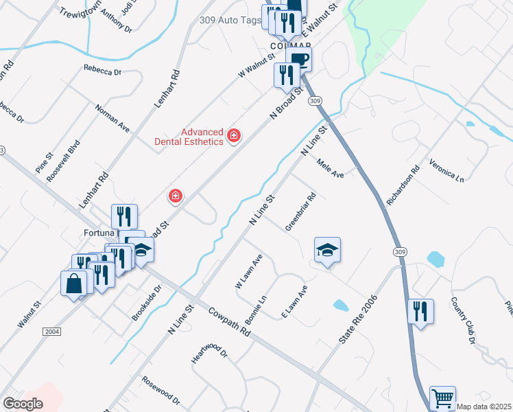 map of restaurants, bars, coffee shops, grocery stores, and more near 2126 North Line Street in Lansdale