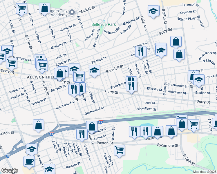 map of restaurants, bars, coffee shops, grocery stores, and more near 744 Girard Street in Harrisburg