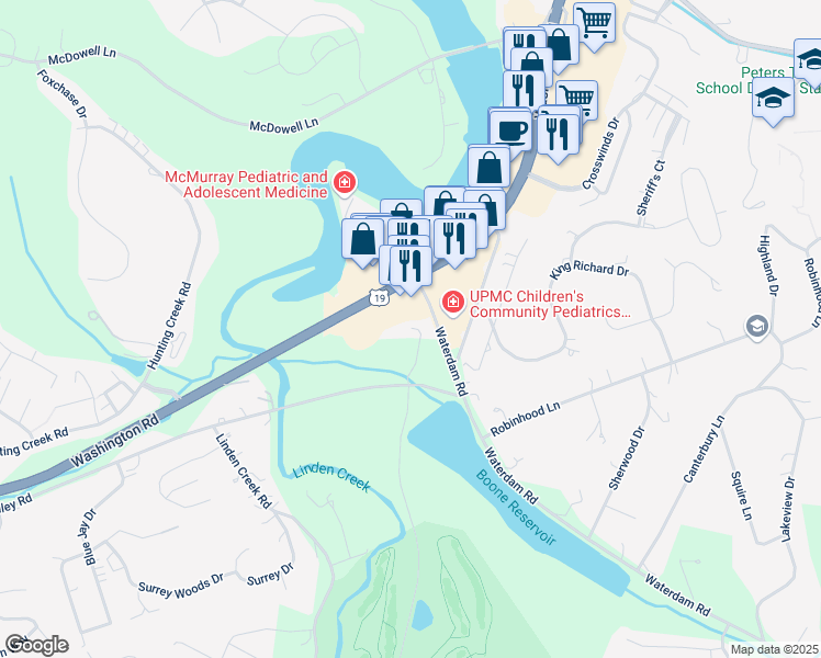 map of restaurants, bars, coffee shops, grocery stores, and more near 4223 Washington Road in Canonsburg