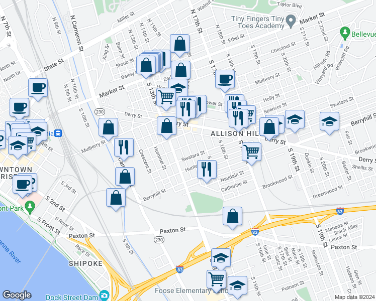 map of restaurants, bars, coffee shops, grocery stores, and more near 334 South 14th Street in Harrisburg