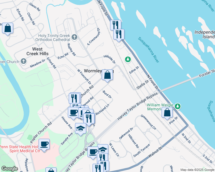 map of restaurants, bars, coffee shops, grocery stores, and more near 10 Campbell Place in Camp Hill