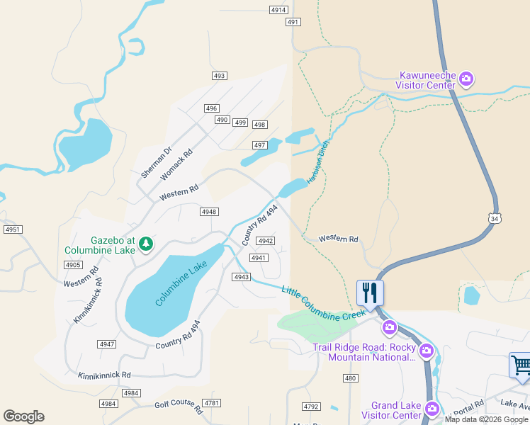 map of restaurants, bars, coffee shops, grocery stores, and more near 11 Columbine Drive in Grand Lake