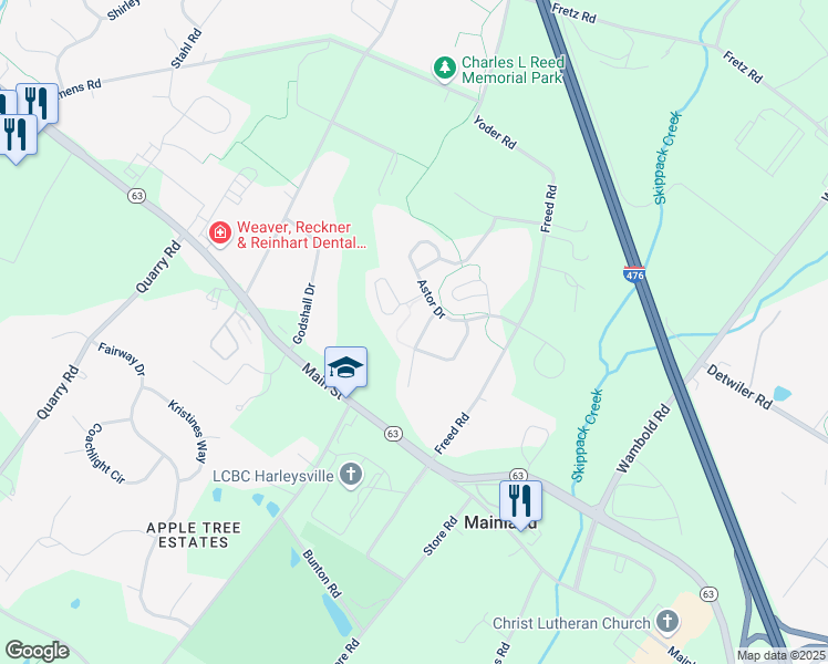 map of restaurants, bars, coffee shops, grocery stores, and more near 305 Vanderbilt Lane in Harleysville