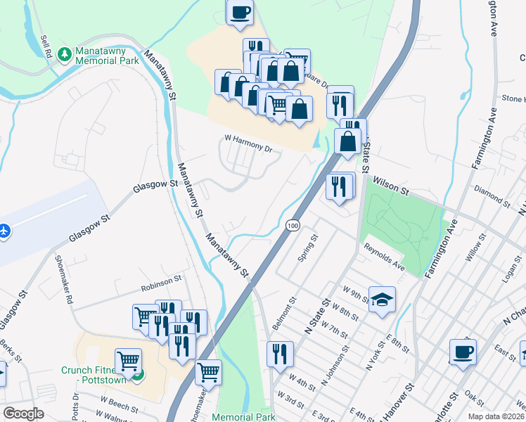 map of restaurants, bars, coffee shops, grocery stores, and more near 529 Upland Street in Pottstown