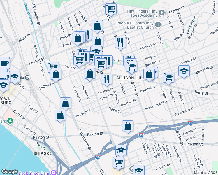 map of restaurants, bars, coffee shops, grocery stores, and more near 331 South 14th Street in Harrisburg