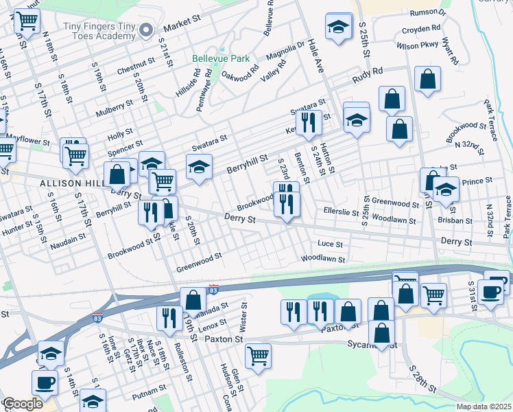 map of restaurants, bars, coffee shops, grocery stores, and more near 2131 Brookwood Street in Harrisburg