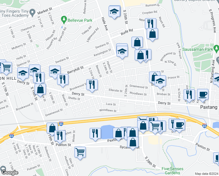 map of restaurants, bars, coffee shops, grocery stores, and more near 2346 Ellerslie Street in Harrisburg