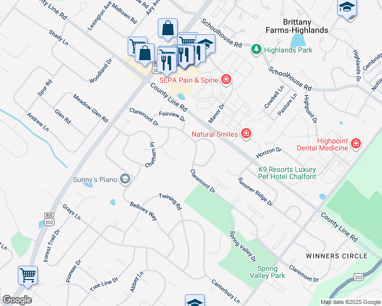map of restaurants, bars, coffee shops, grocery stores, and more near 134 Claremont Drive in Lansdale