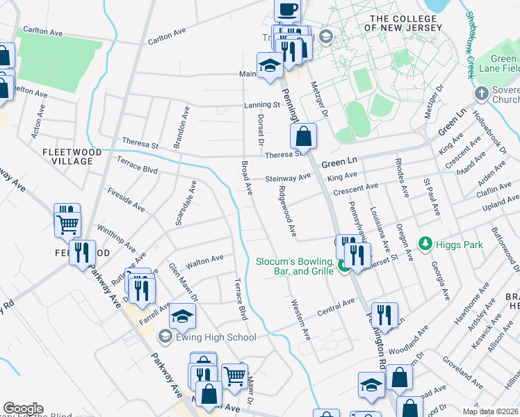 map of restaurants, bars, coffee shops, grocery stores, and more near 67 Broad Avenue in Ewing Township