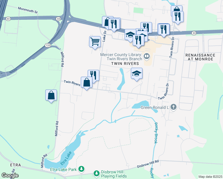map of restaurants, bars, coffee shops, grocery stores, and more near 8F Twin Rivers Drive in East Windsor