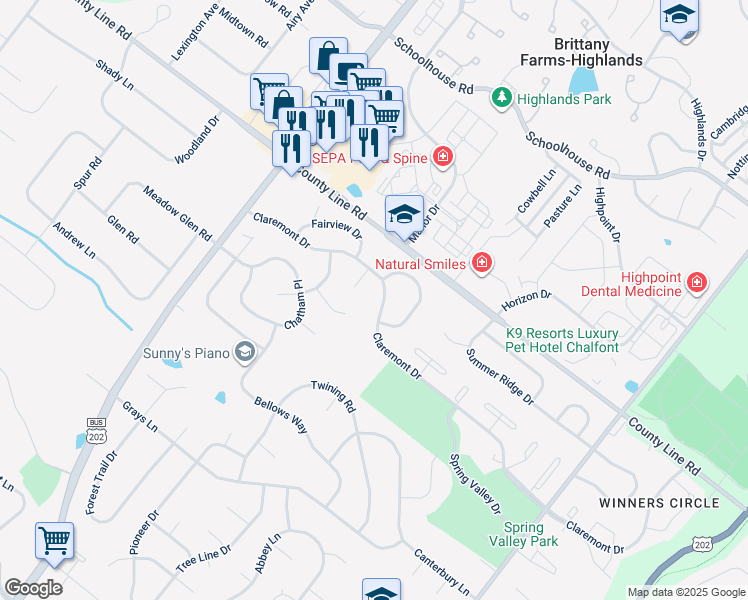 map of restaurants, bars, coffee shops, grocery stores, and more near 134 Claremont Drive in Lansdale