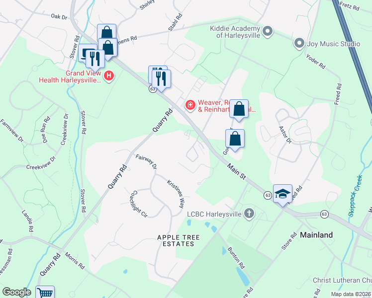 map of restaurants, bars, coffee shops, grocery stores, and more near 407 Ruth Court in Harleysville