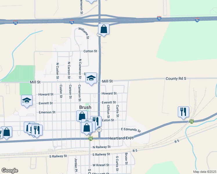 map of restaurants, bars, coffee shops, grocery stores, and more near 5 Circle Drive in Brush