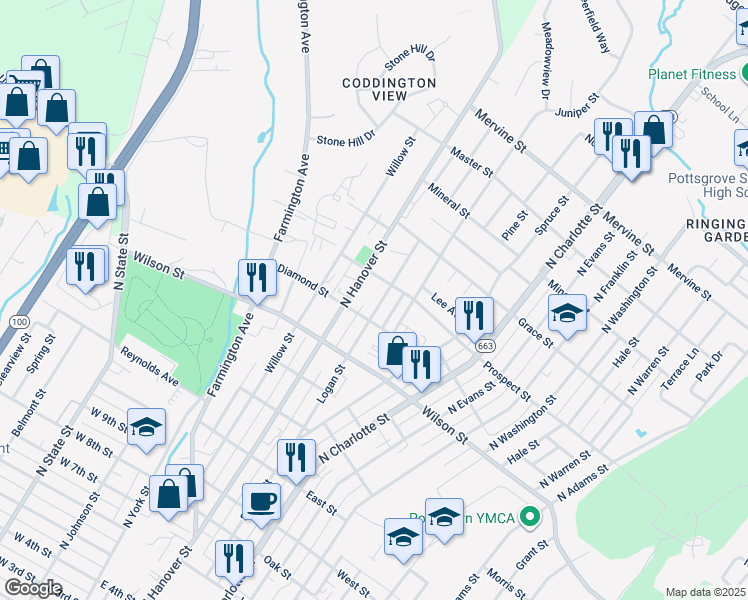 map of restaurants, bars, coffee shops, grocery stores, and more near 863 Logan St in Pottstown