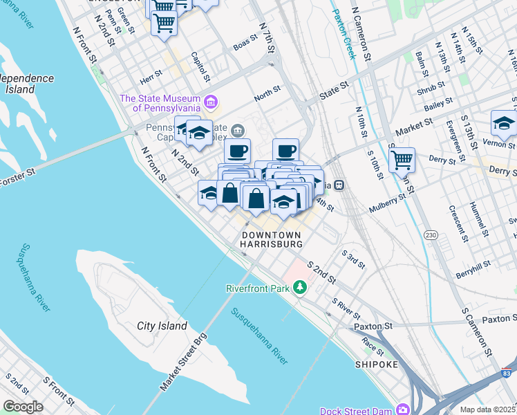map of restaurants, bars, coffee shops, grocery stores, and more near in Harrisburg