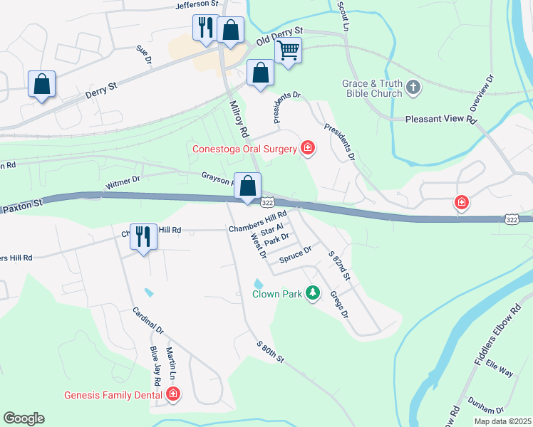 map of restaurants, bars, coffee shops, grocery stores, and more near 8150 Chambers Hill Road in Harrisburg