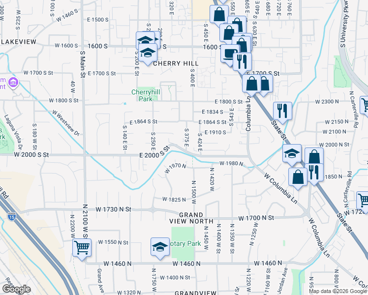 map of restaurants, bars, coffee shops, grocery stores, and more near 1964 South 375 East in Orem