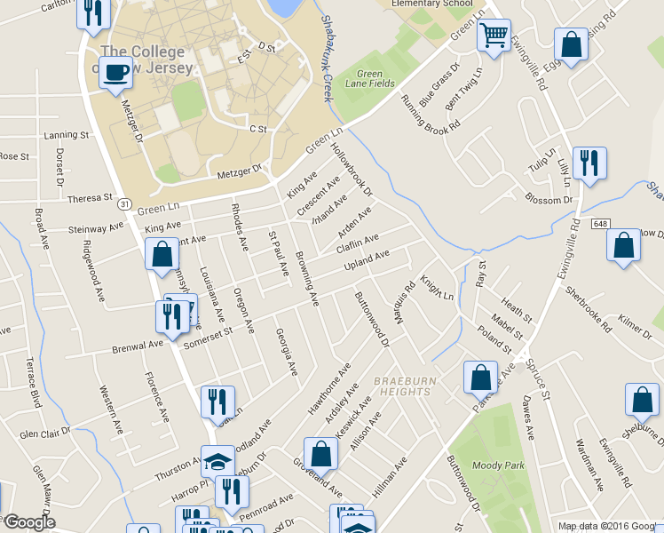map of restaurants, bars, coffee shops, grocery stores, and more near 186 Upland Avenue in Ewing Township
