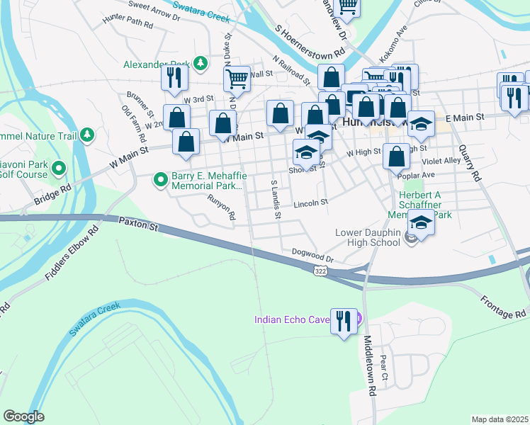 map of restaurants, bars, coffee shops, grocery stores, and more near 150 South Landis Street in Hummelstown