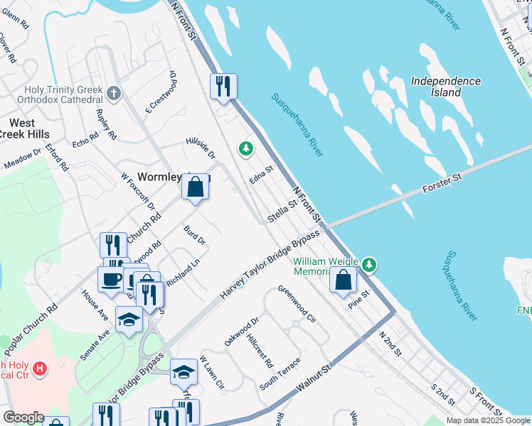 map of restaurants, bars, coffee shops, grocery stores, and more near 353 North 3rd Street in Wormleysburg