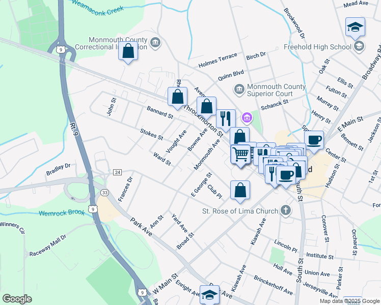 map of restaurants, bars, coffee shops, grocery stores, and more near 34 Bowne Avenue in Freehold