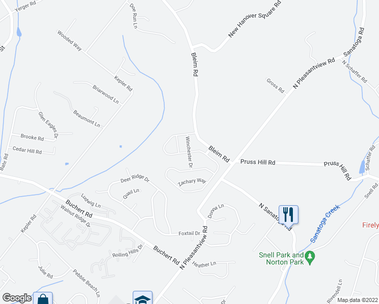 map of restaurants, bars, coffee shops, grocery stores, and more near Steeplechase Lane in Sanatoga