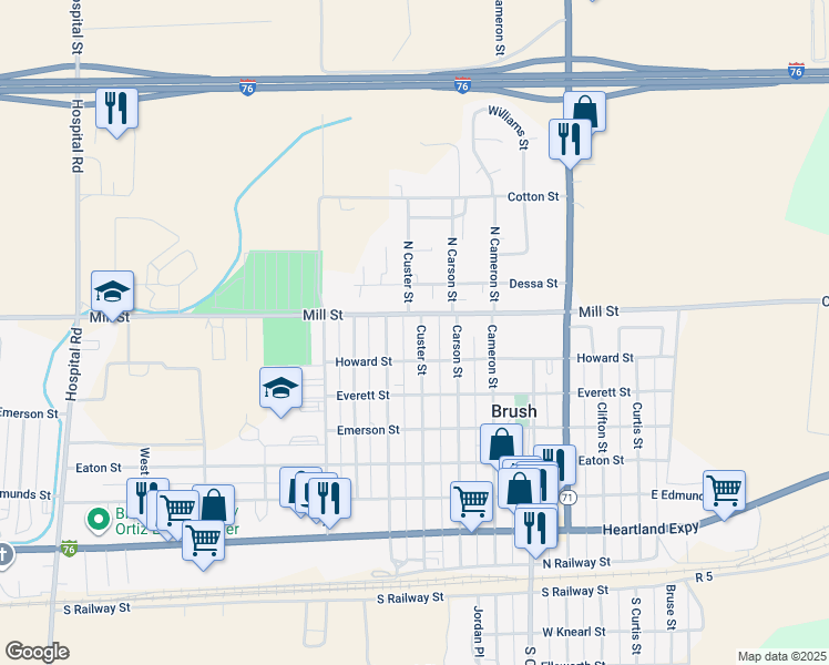 map of restaurants, bars, coffee shops, grocery stores, and more near 728 Custer Street in Brush