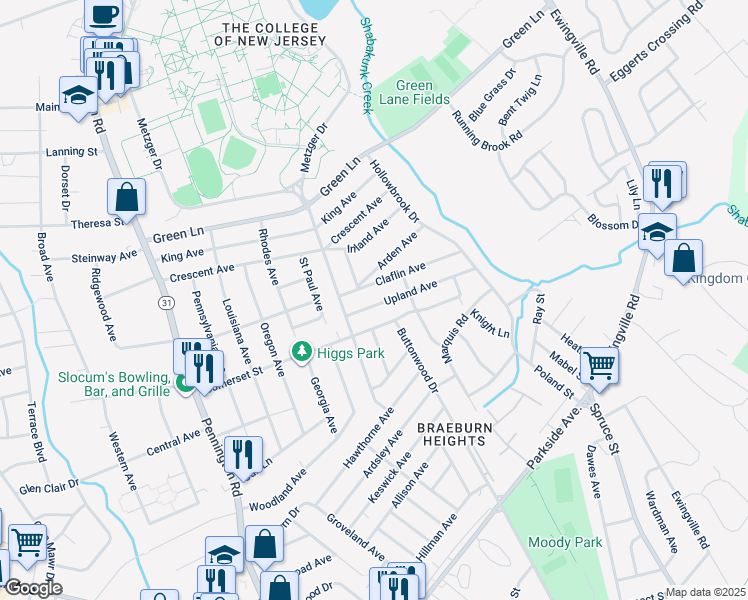 map of restaurants, bars, coffee shops, grocery stores, and more near 186 Upland Avenue in Ewing Township