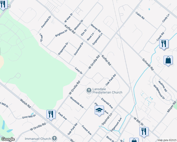 map of restaurants, bars, coffee shops, grocery stores, and more near 701 West Orvilla Road in Hatfield