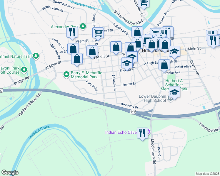 map of restaurants, bars, coffee shops, grocery stores, and more near 313 Lincoln Street in Hummelstown