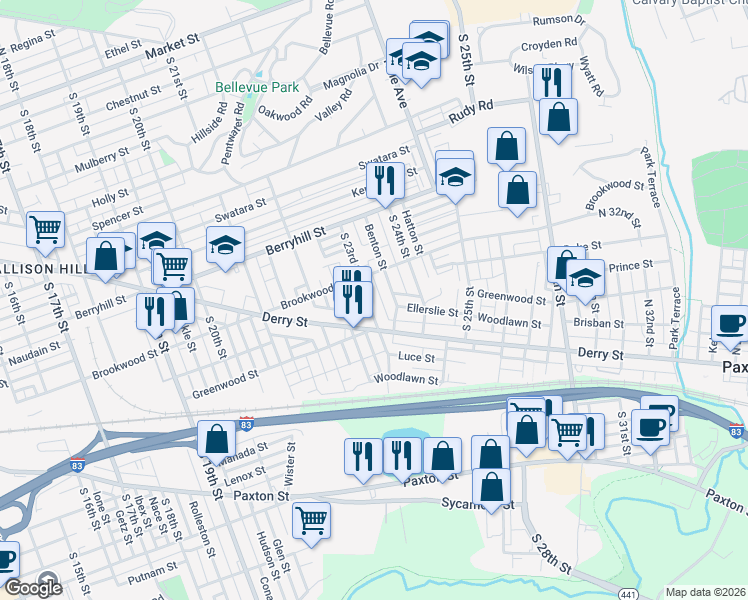 map of restaurants, bars, coffee shops, grocery stores, and more near 625 South 23rd Street in Harrisburg
