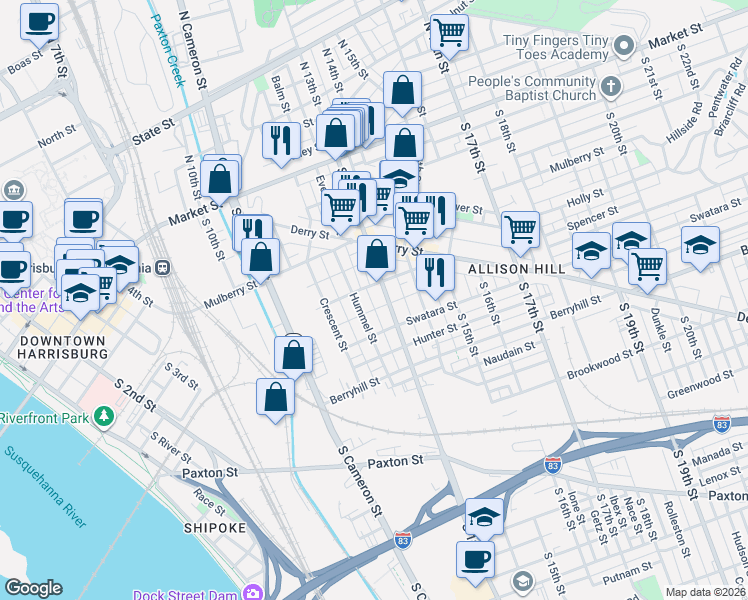 map of restaurants, bars, coffee shops, grocery stores, and more near 1241 Kittatinny Street in Harrisburg