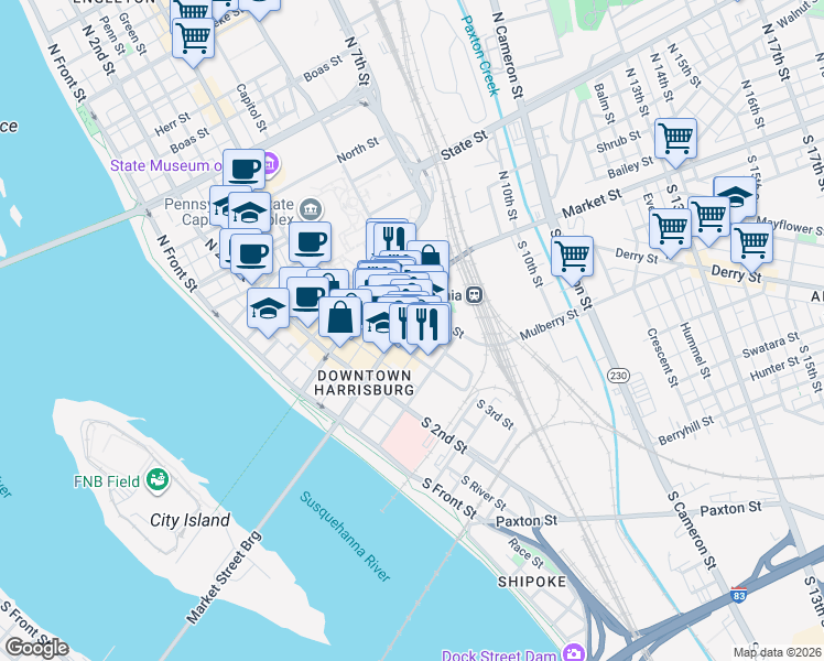 map of restaurants, bars, coffee shops, grocery stores, and more near 307 Market Street in Harrisburg