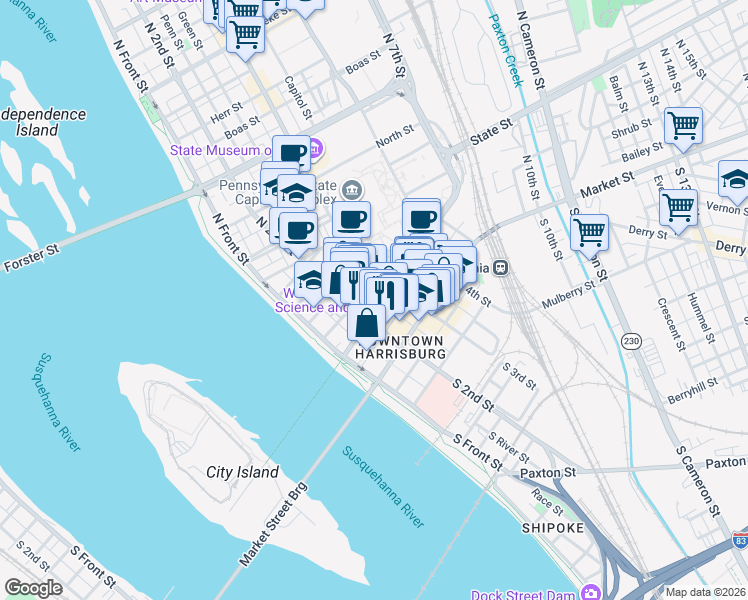 map of restaurants, bars, coffee shops, grocery stores, and more near in Harrisburg