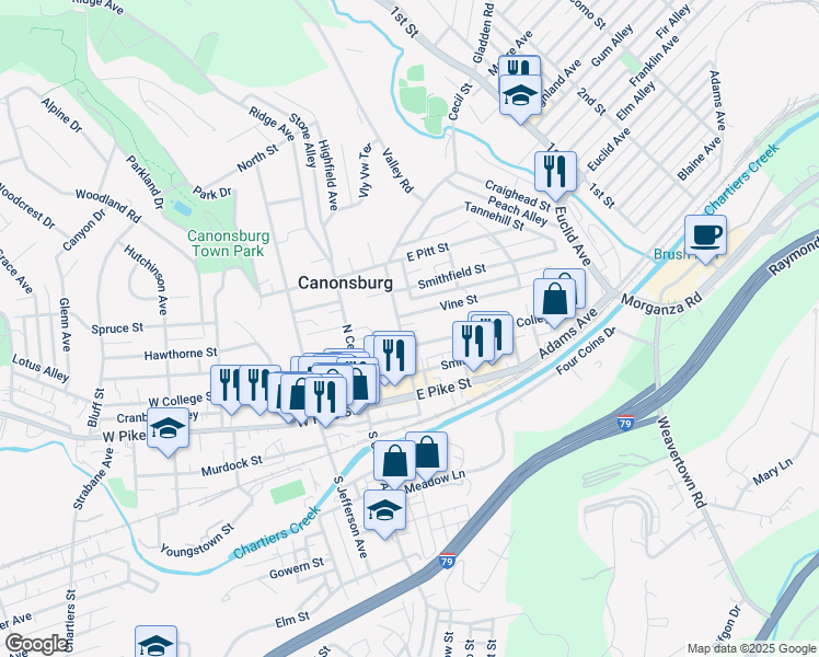 map of restaurants, bars, coffee shops, grocery stores, and more near 303 Greenside Avenue in Canonsburg