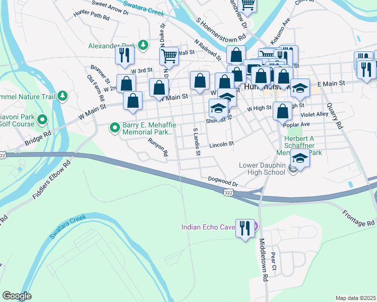 map of restaurants, bars, coffee shops, grocery stores, and more near 313 Lincoln Street in Hummelstown