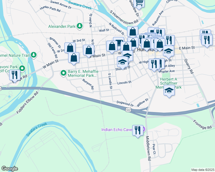 map of restaurants, bars, coffee shops, grocery stores, and more near 150 South Landis Street in Hummelstown