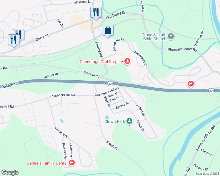 map of restaurants, bars, coffee shops, grocery stores, and more near 8150 Chambers Hill Road in Harrisburg