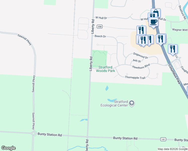 map of restaurants, bars, coffee shops, grocery stores, and more near 363 Hawthorn Boulevard in Delaware