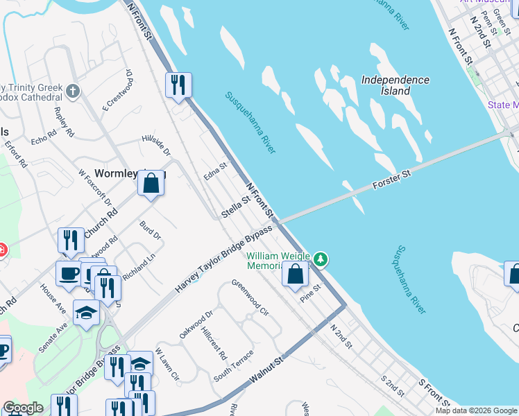 map of restaurants, bars, coffee shops, grocery stores, and more near 532 North River Street in Wormleysburg