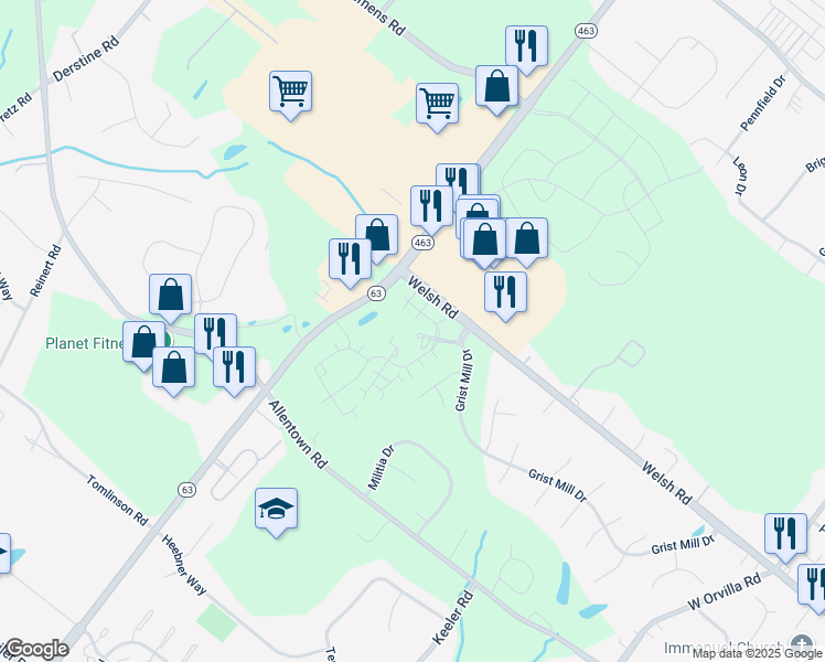 map of restaurants, bars, coffee shops, grocery stores, and more near 100 Jacobs Hall Lane in Lansdale