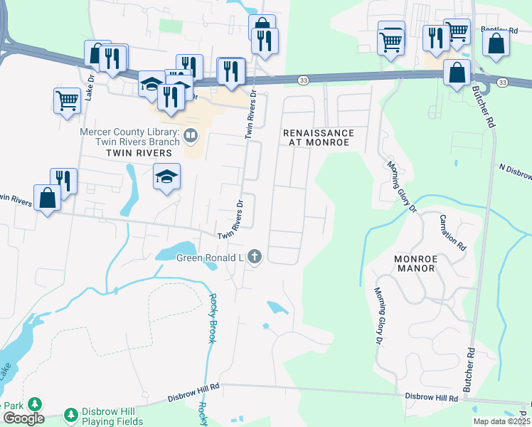 map of restaurants, bars, coffee shops, grocery stores, and more near 209 Valencia Drive in Monroe Township