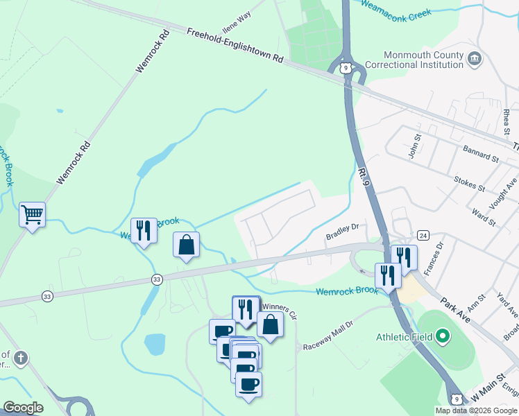 map of restaurants, bars, coffee shops, grocery stores, and more near 17 Militia Hill Road in Freehold