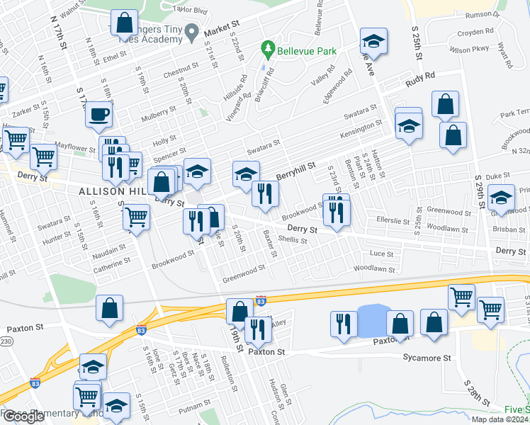 map of restaurants, bars, coffee shops, grocery stores, and more near 746 South 21st Street in Harrisburg