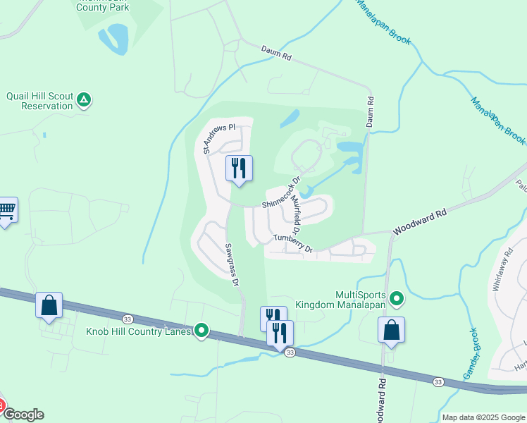 map of restaurants, bars, coffee shops, grocery stores, and more near 5 Pinehurst Drive in Manalapan Township