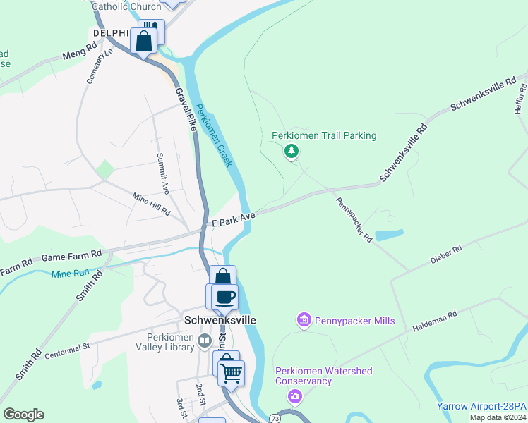 map of restaurants, bars, coffee shops, grocery stores, and more near 0 Schwenksville Road in Schwenksville