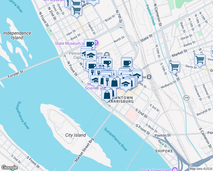 map of restaurants, bars, coffee shops, grocery stores, and more near 211 North 2nd Street in Harrisburg