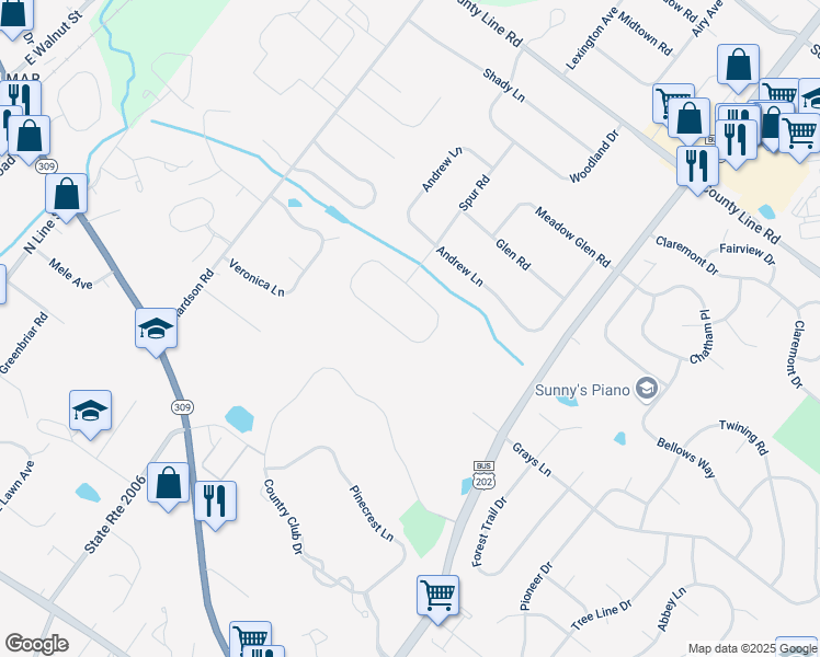 map of restaurants, bars, coffee shops, grocery stores, and more near 25 Douglass Road in Lansdale