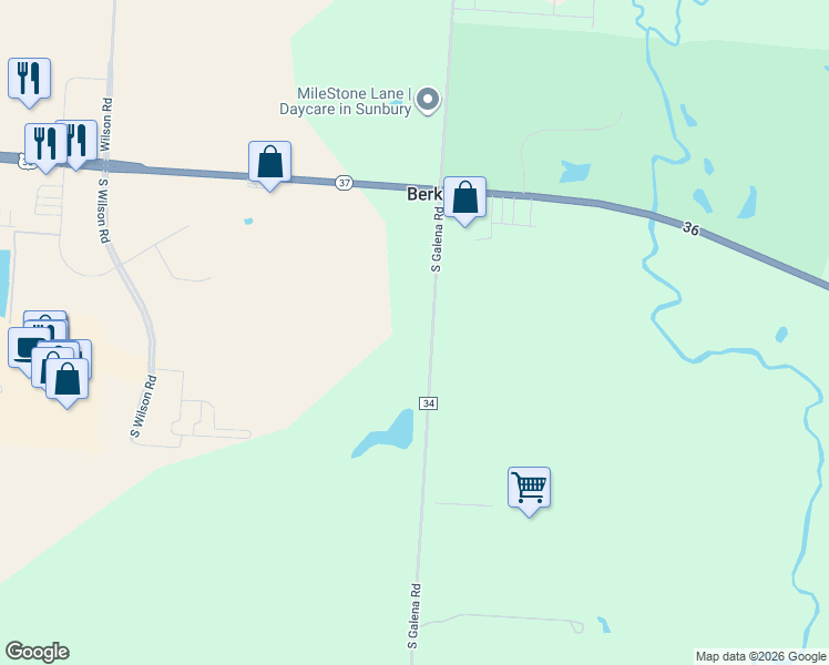 map of restaurants, bars, coffee shops, grocery stores, and more near 234 County Road 34 in Sunbury