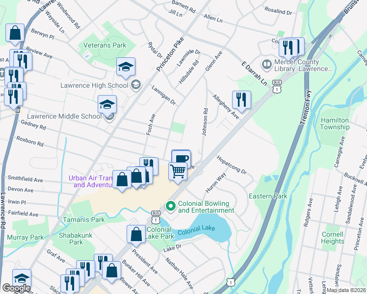 map of restaurants, bars, coffee shops, grocery stores, and more near 36 Ditmars Avenue in Lawrence Township